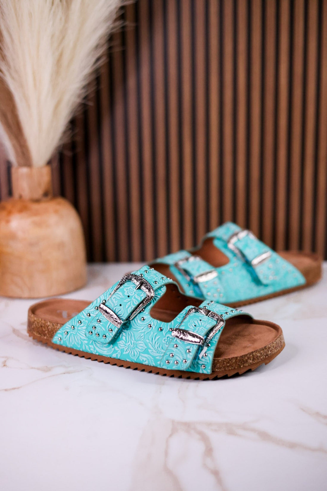 "Heidi" Turquoise Floral Embossed Sandals With Western Style Buckles - Whiskey Skies - VERY G