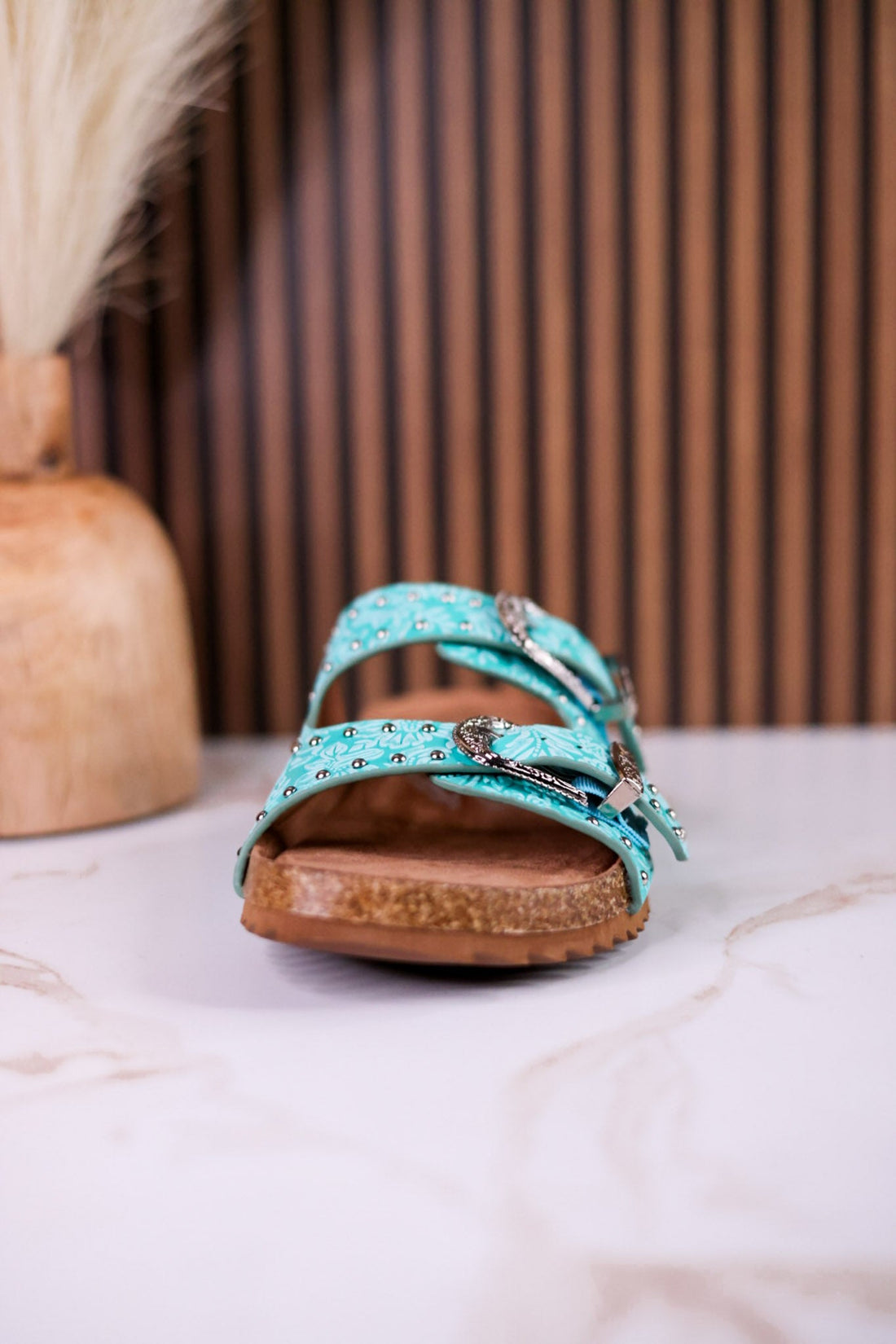"Heidi" Turquoise Floral Embossed Sandals With Western Style Buckles - Whiskey Skies - VERY G