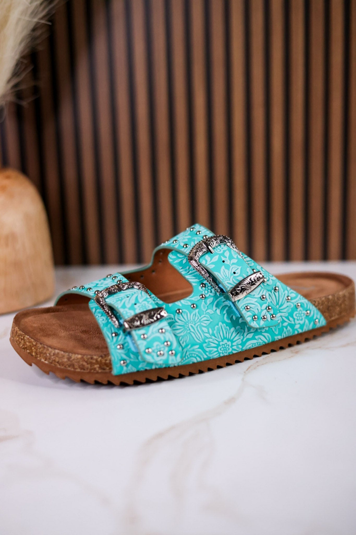 "Heidi" Turquoise Floral Embossed Sandals With Western Style Buckles - Whiskey Skies - VERY G