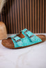 "Heidi" Turquoise Floral Embossed Sandals With Western Style Buckles - Whiskey Skies - VERY G