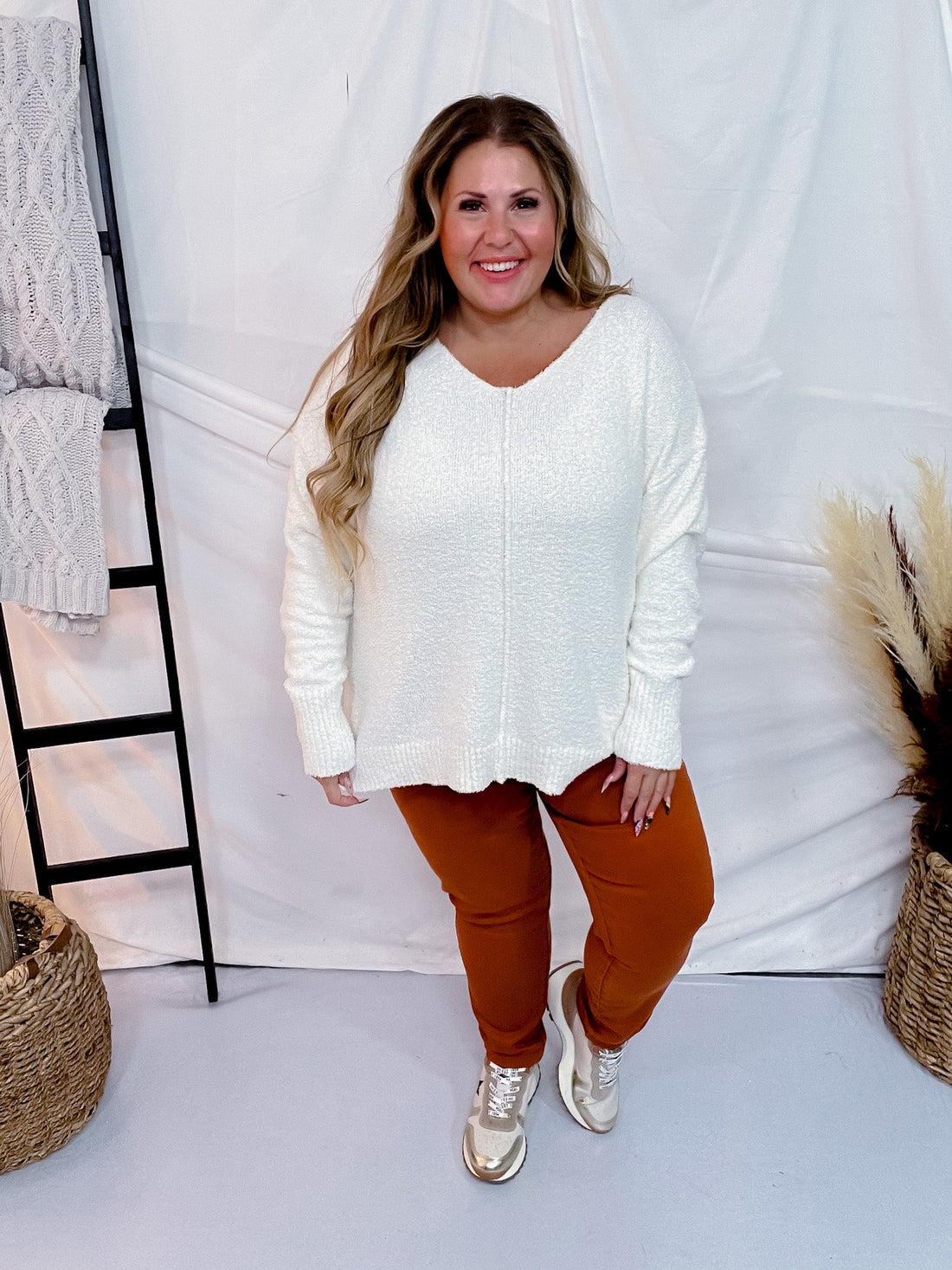 Hi - Lo Long Sleeve Oatmeal Sweater - Whiskey Skies - WHITE BIRCH