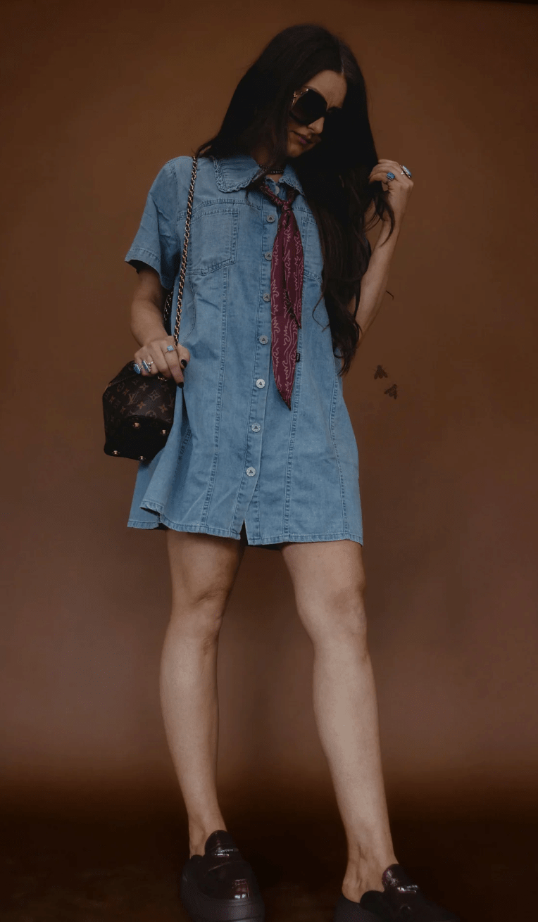 High Plains Button Down Short Sleeve Denim Dress With Ruffled Collar - Whiskey Skies - 2 FLY CO.