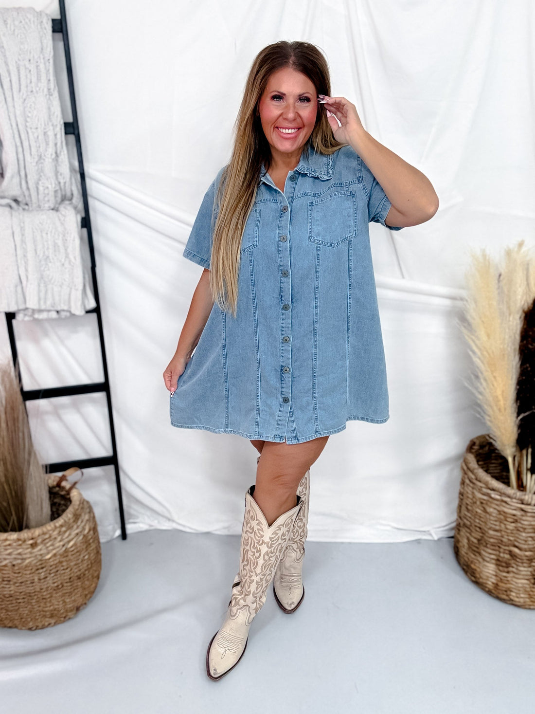 High Plains Button Down Short Sleeve Denim Dress With Ruffled Collar - Whiskey Skies - 2 FLY CO.