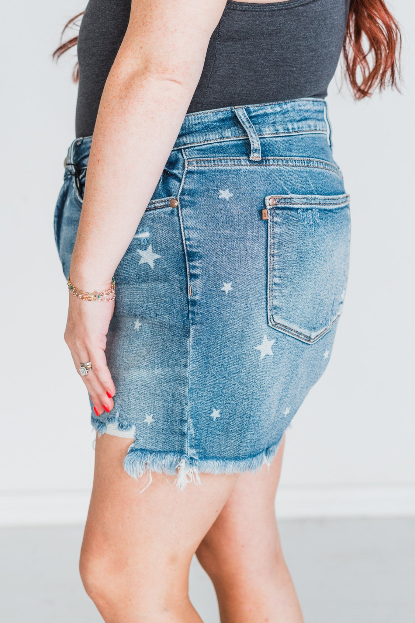 High - Rise Star Print Cut Off Distressed Judy Blue Denim Shorts - Whiskey Skies - JUDY BLUE