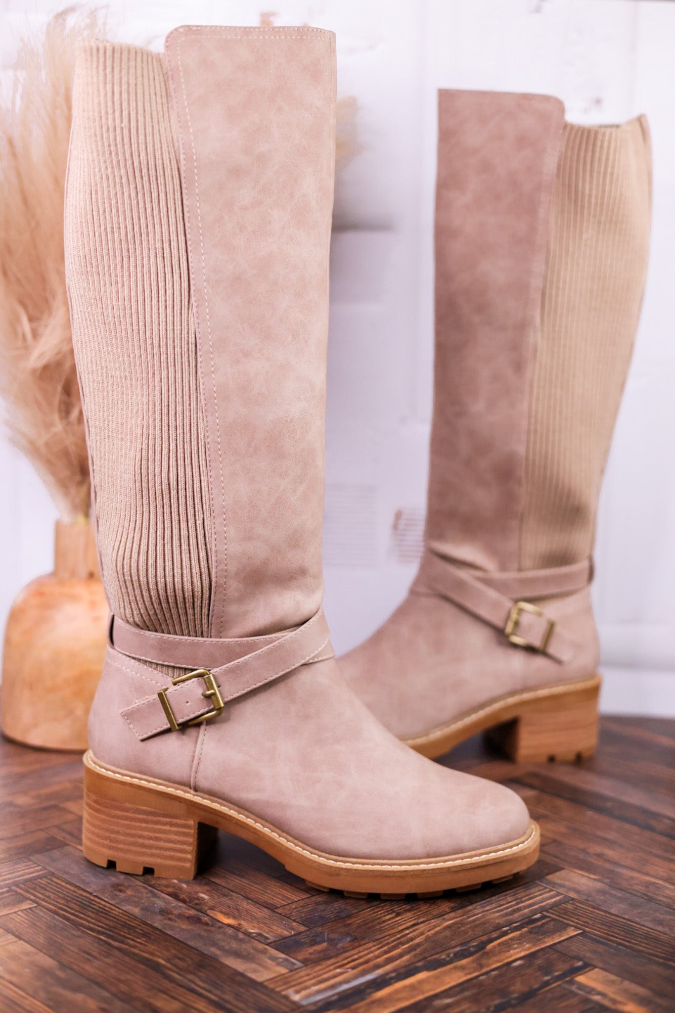 High There Taupe Boots with Buckle Detail - Whiskey Skies - CORKYS FOOTWEAR