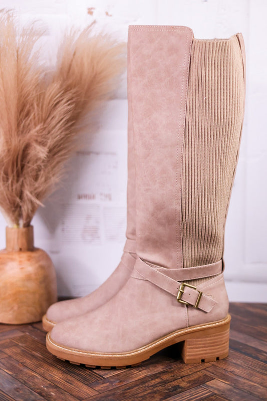 High There Taupe Boots with Buckle Detail - Whiskey Skies - CORKYS FOOTWEAR