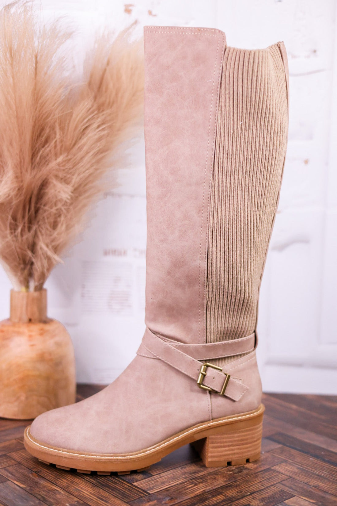 High There Taupe Boots with Buckle Detail - Whiskey Skies - CORKYS FOOTWEAR