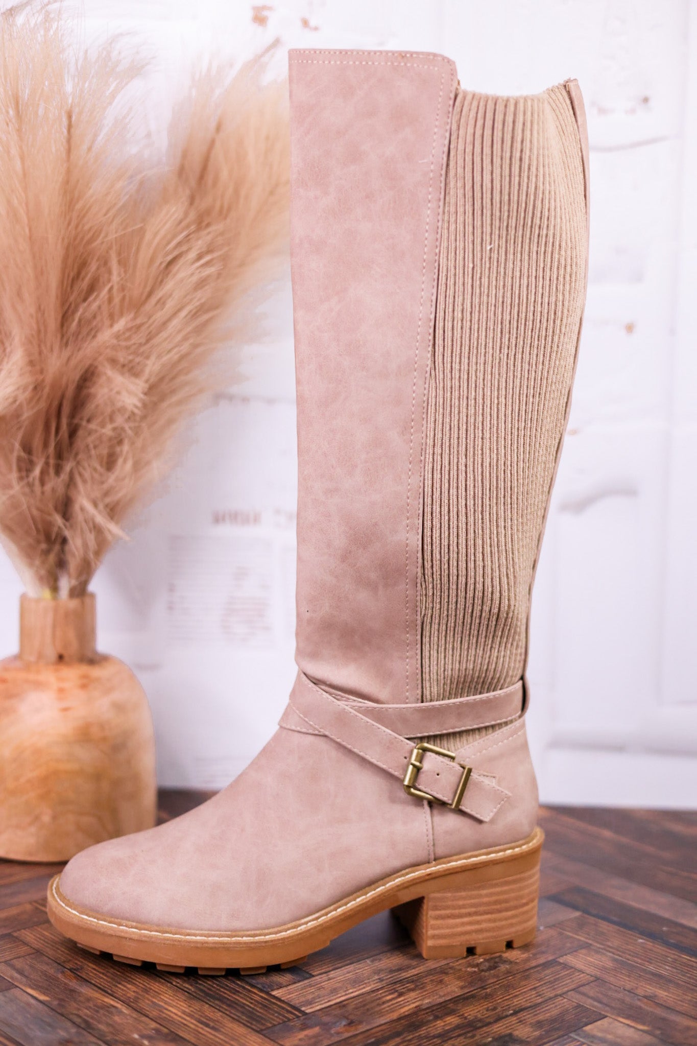 High There Taupe Boots with Buckle Detail - Whiskey Skies - CORKYS FOOTWEAR