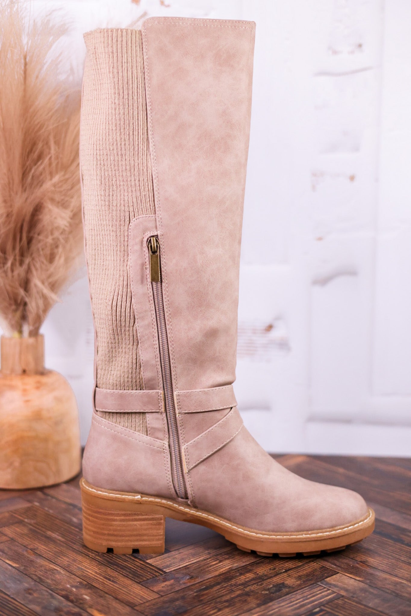 High There Taupe Boots with Buckle Detail - Whiskey Skies - CORKYS FOOTWEAR