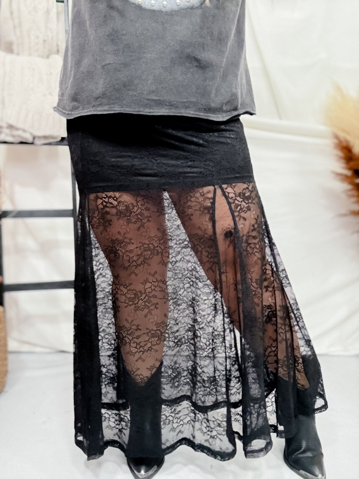 High - Waist Black Knit Skirt W/ Elastic Waist - Whiskey Skies - WHITE BIRCH