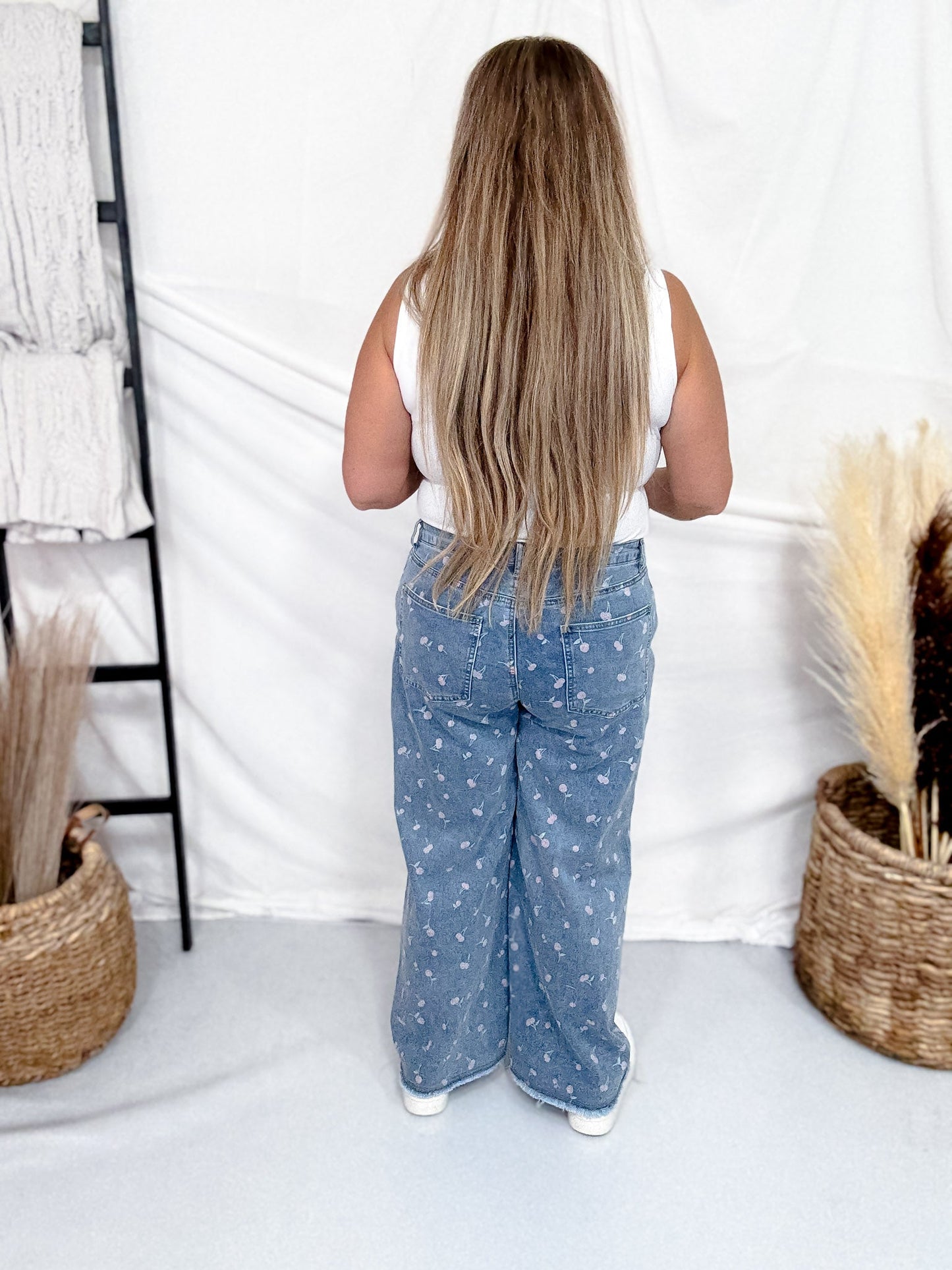 High Waist Cherry Print Denim Wide Straight Leg Jeans - Whiskey Skies - EASEL