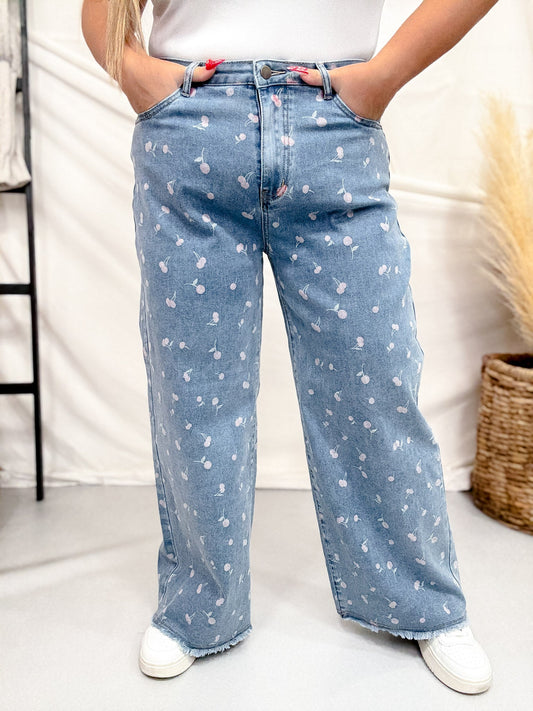 High Waist Cherry Print Denim Wide Straight Leg Jeans - Whiskey Skies - EASEL