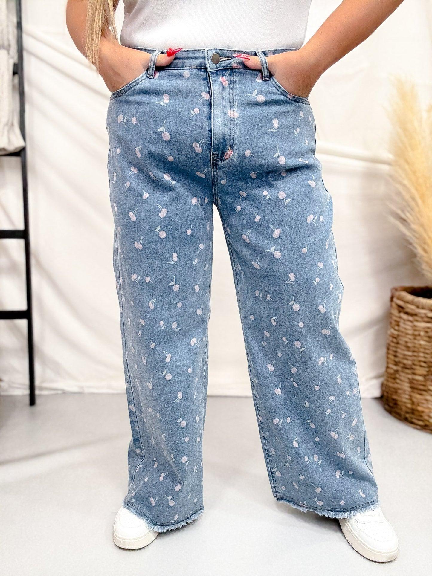 High Waist Cherry Print Denim Wide Straight Leg Jeans - Whiskey Skies - EASEL