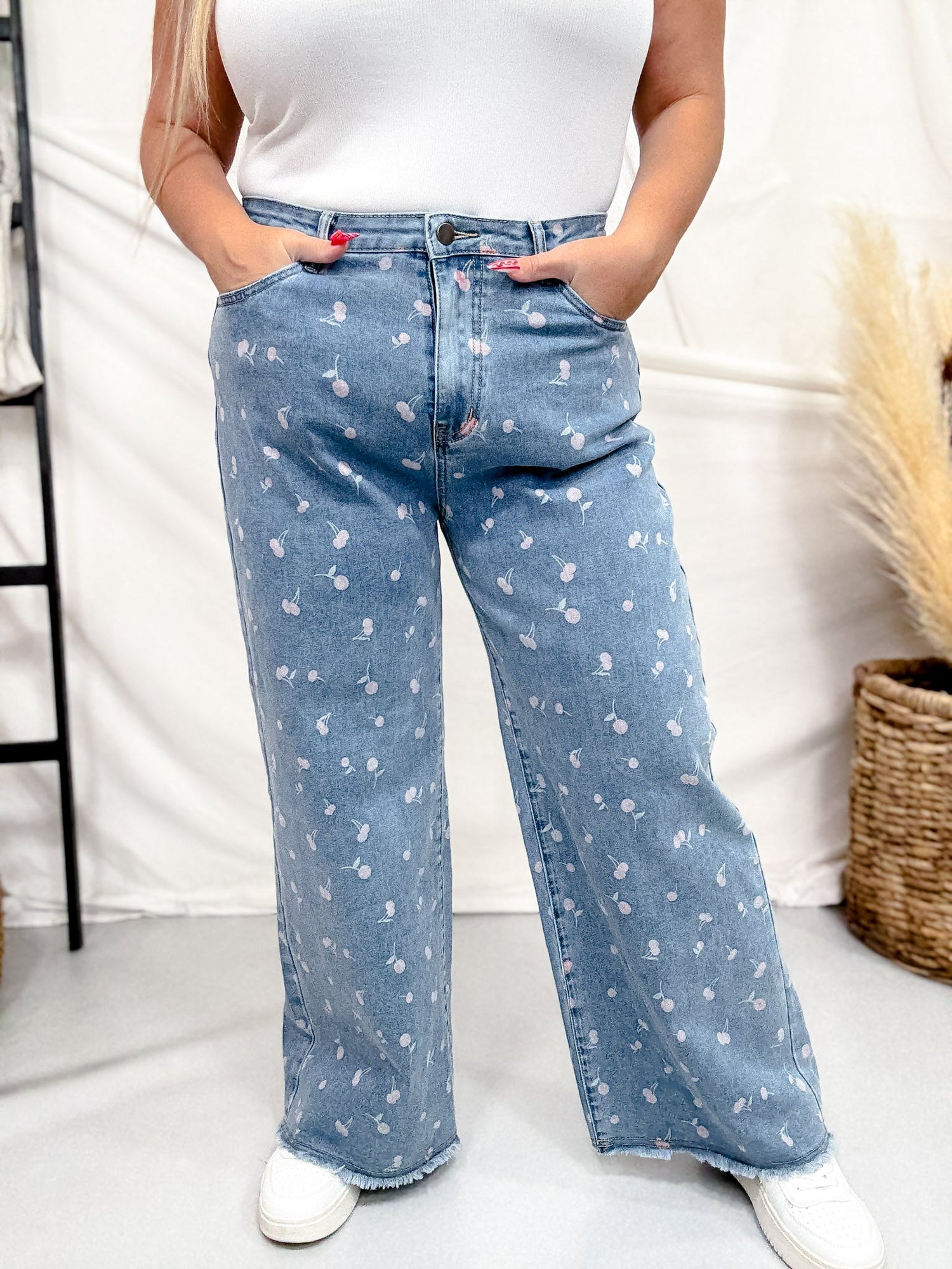 High Waist Cherry Print Denim Wide Straight Leg Jeans – Whiskey Skies