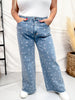 High Waist Cherry Print Denim Wide Straight Leg Jeans - Whiskey Skies - EASEL