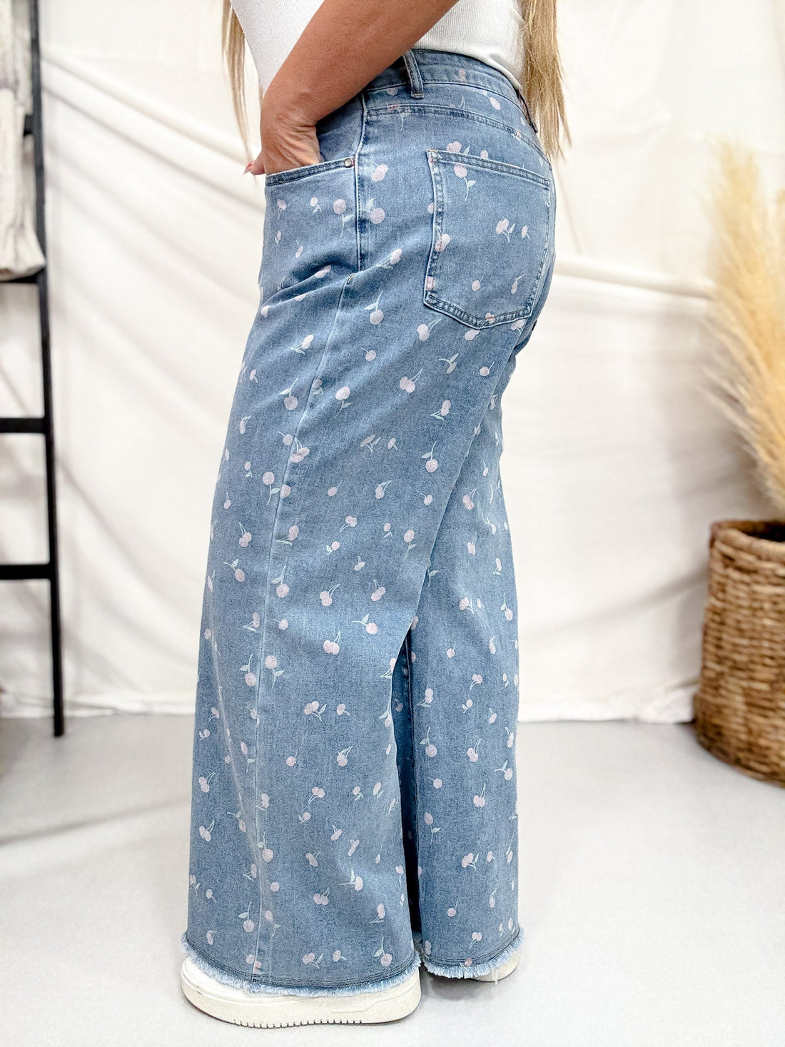 High Waist Cherry Print Denim Wide Straight Leg Jeans - Whiskey Skies - EASEL