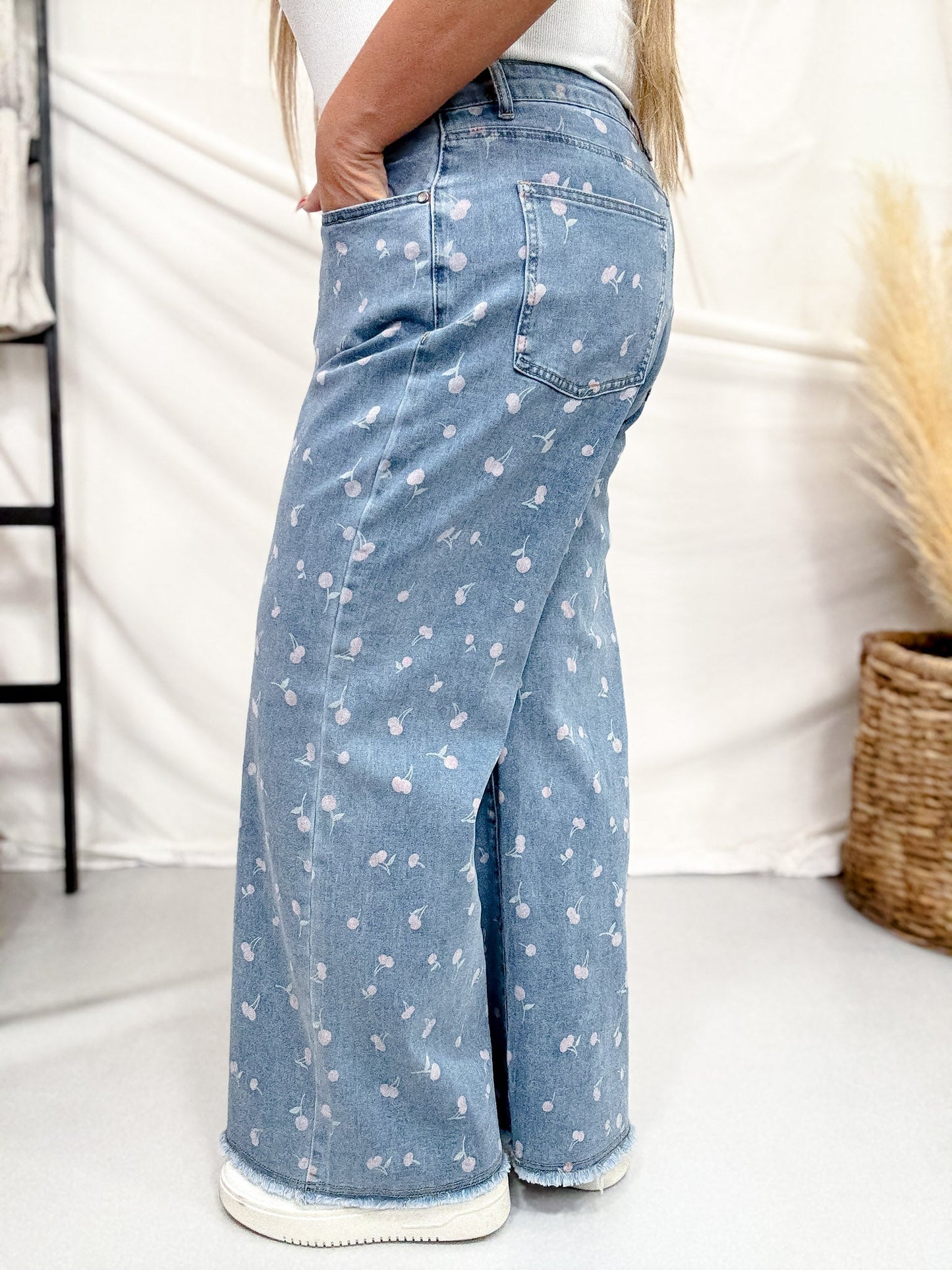 High Waist Cherry Print Denim Wide Straight Leg Jeans - Whiskey Skies - EASEL