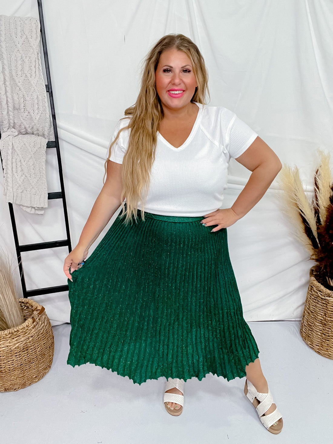 High Waist Pleated Metallic Knit Midi Skirt - Whiskey Skies - ODDI