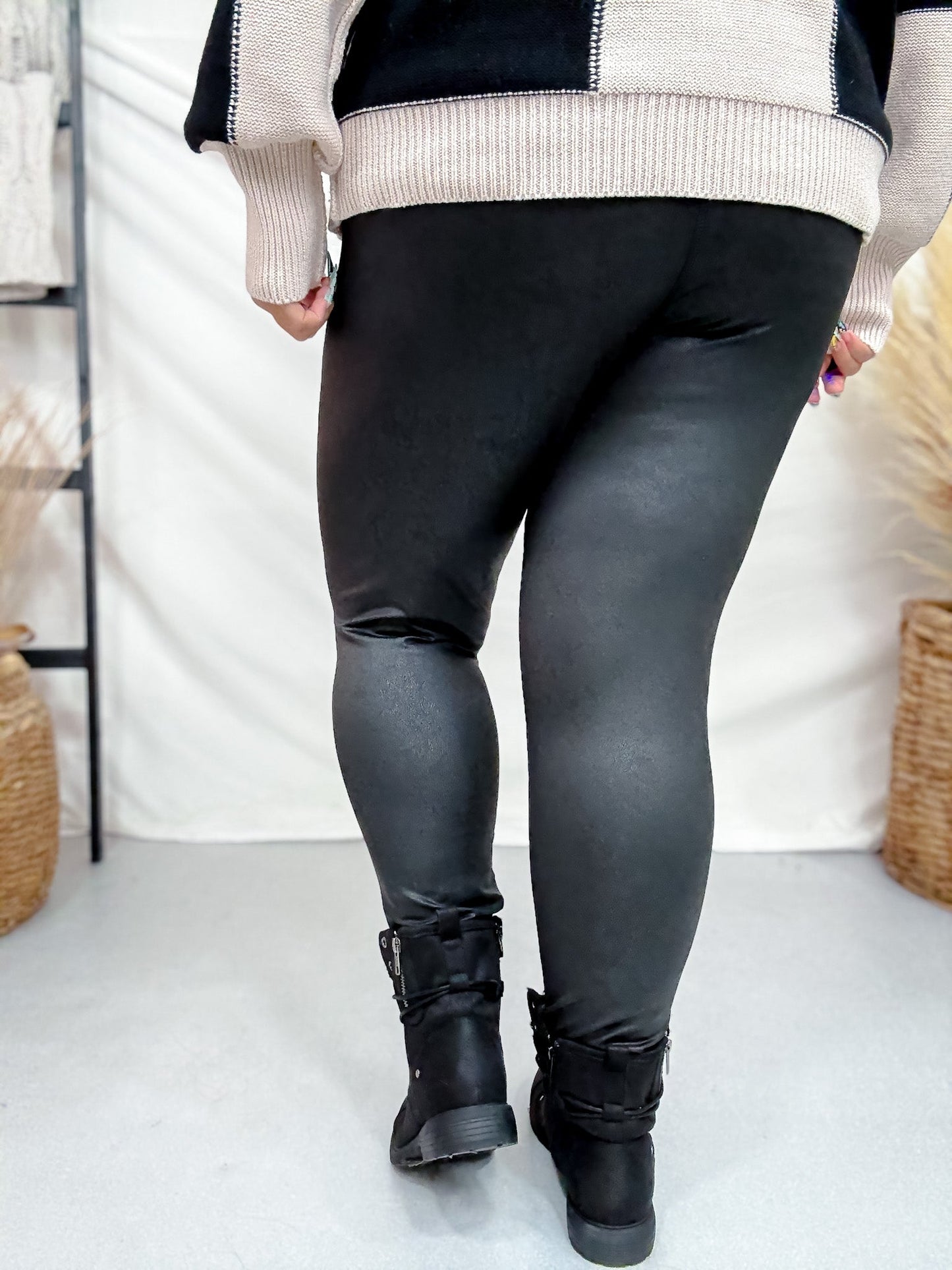 High - Waist Solid Black Leggings W/ Wide Yoga Waistband - Whiskey Skies - WHITE BIRCH