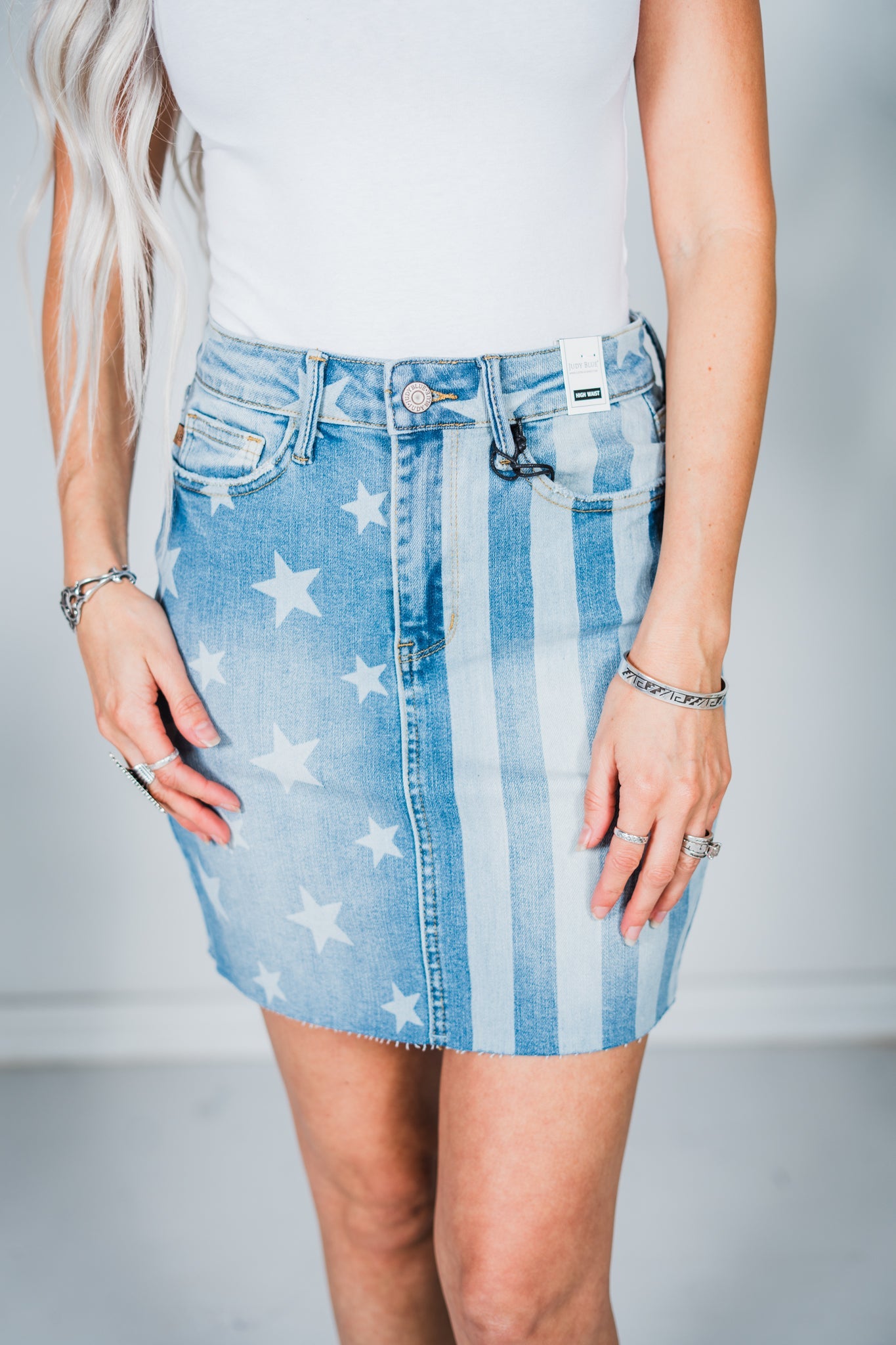 High Waist Stars & Stripes Bleach Discharge Judy Blue Skirt - Whiskey Skies - JUDY BLUE