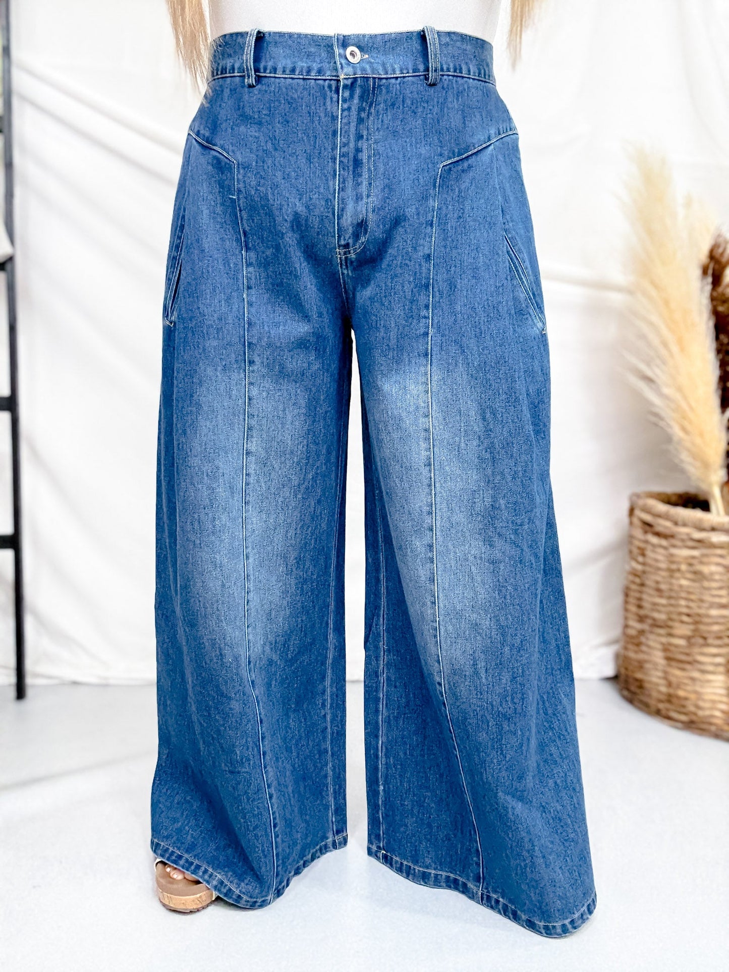 High Waist Wide Leg Jeans With Angled Panels - Whiskey Skies - DAVI & DANI