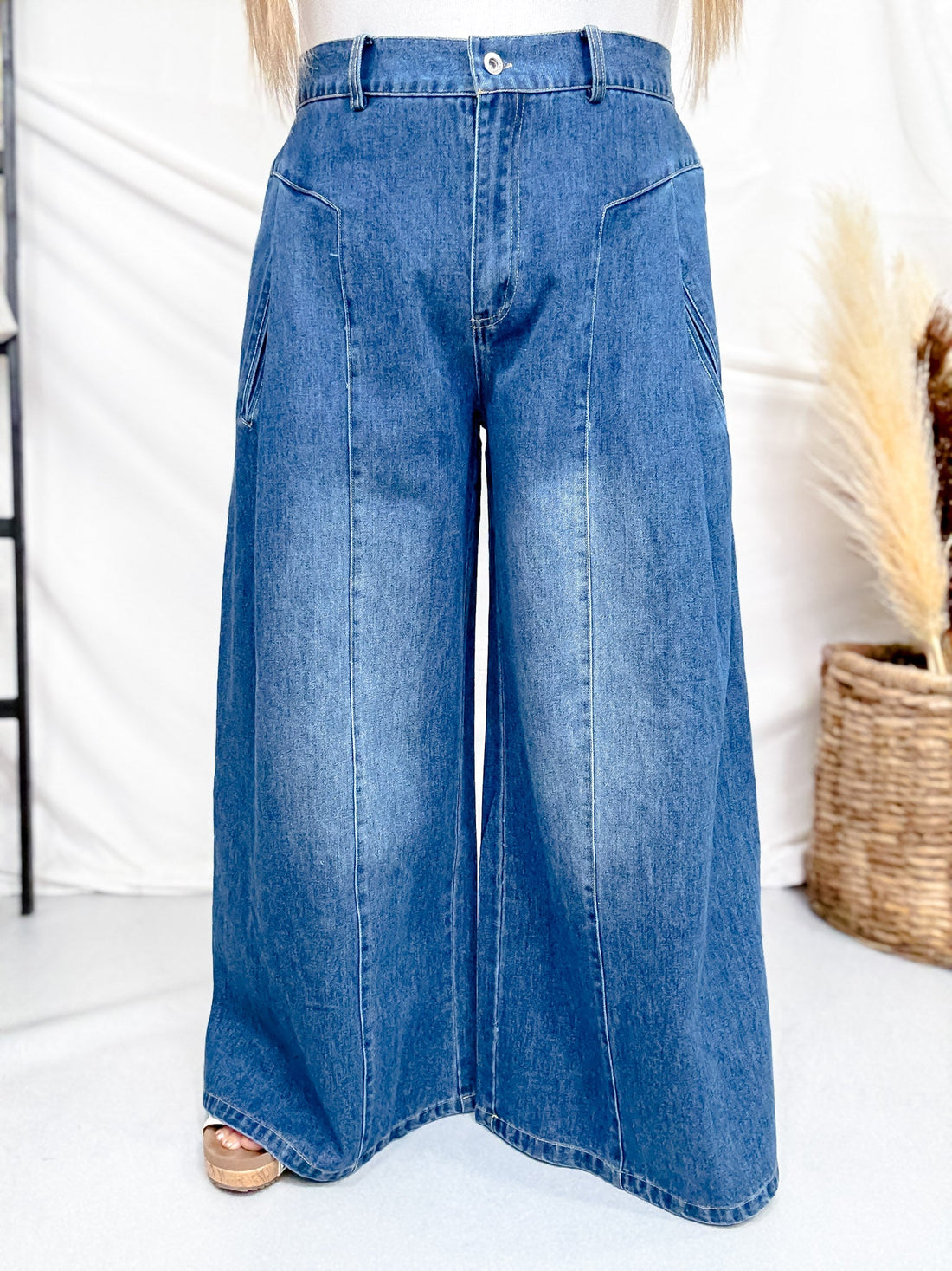 High Waist Wide Leg Jeans With Angled Panels - Whiskey Skies - DAVI & DANI