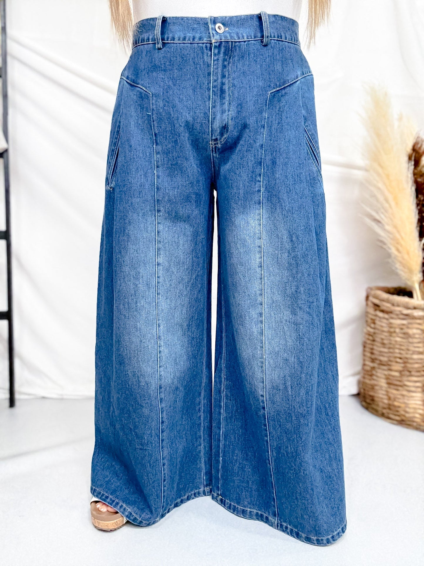 High Waist Wide Leg Jeans With Angled Panels - Whiskey Skies - DAVI & DANI