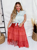 High Waisted Tiered Lace Maxi Skirt in Clay Red - Whiskey Skies - WHITE BIRCH