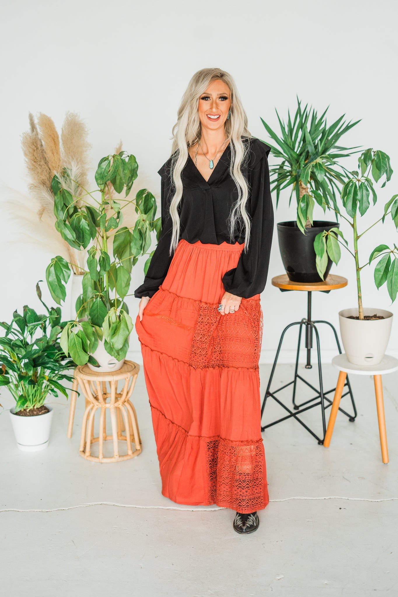 High Waisted Tiered Lace Maxi Skirt in Clay Red Whiskey Skies