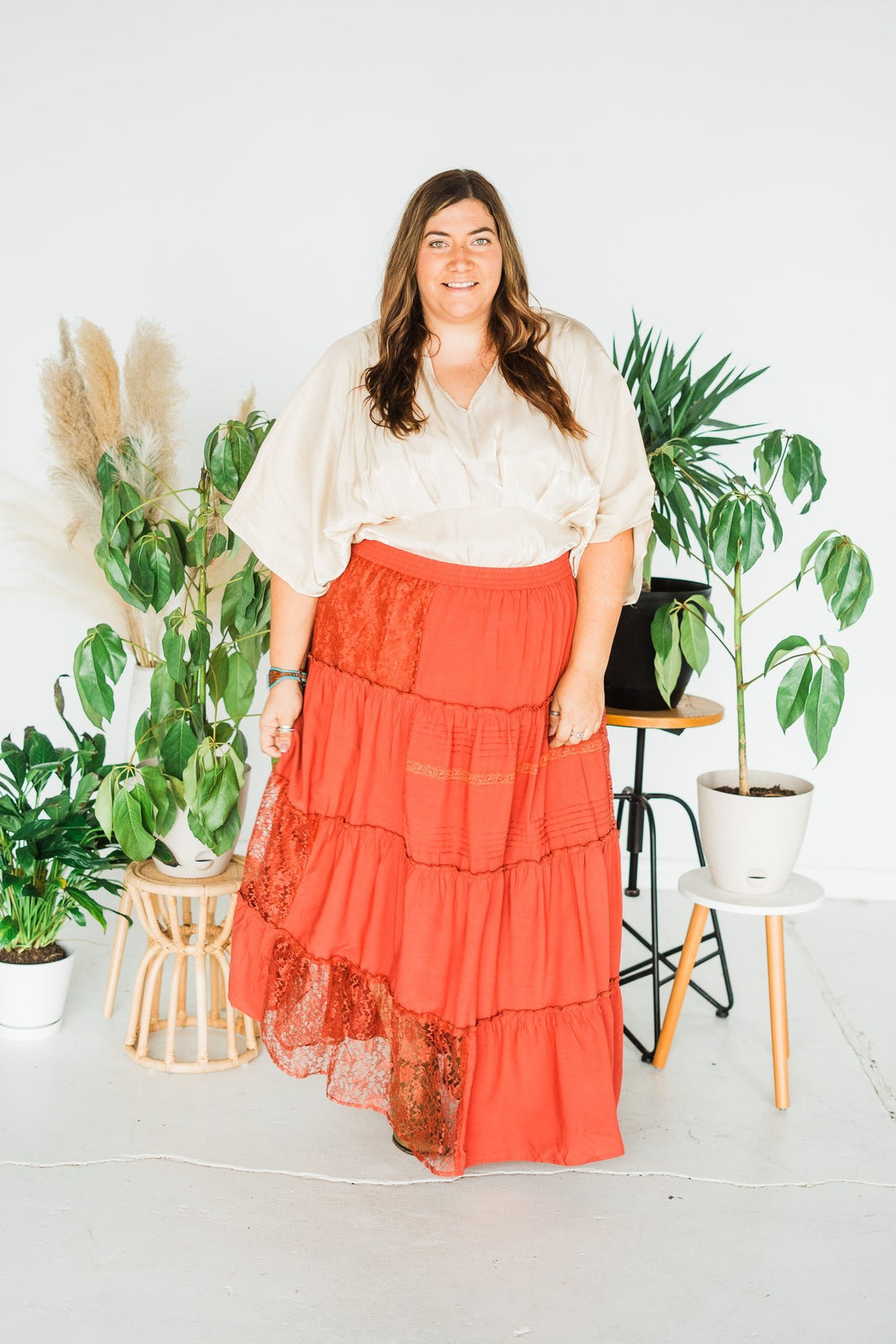 High Waisted Tiered Lace Maxi Skirt in Clay Red - Whiskey Skies - WHITE BIRCH