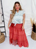 High Waisted Tiered Lace Maxi Skirt in Clay Red - Whiskey Skies - WHITE BIRCH