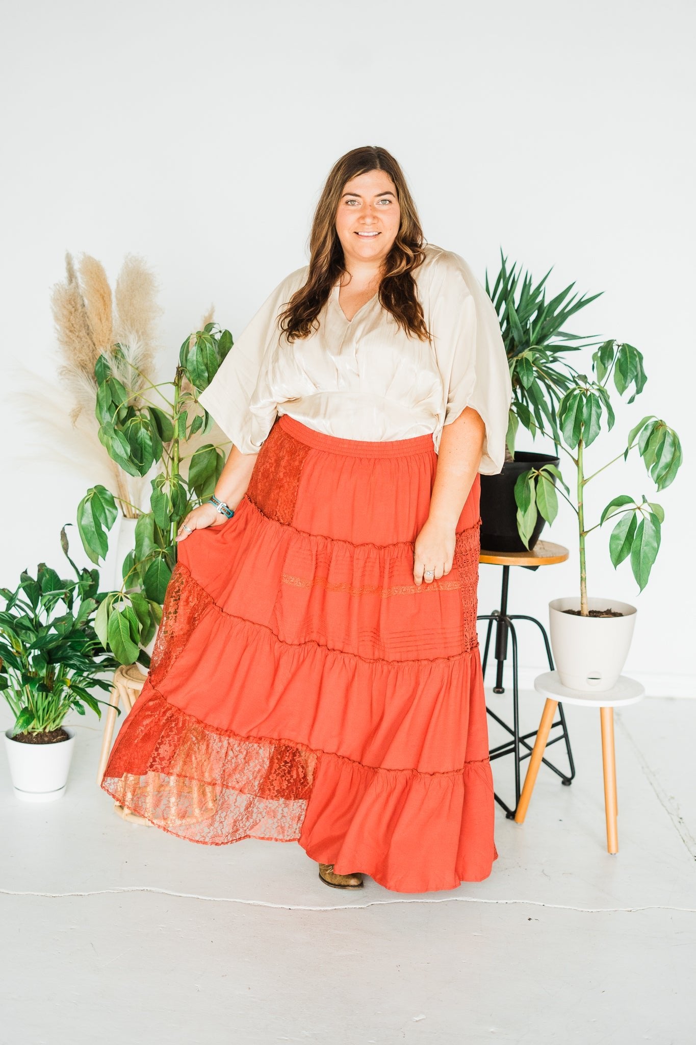 High Waisted Tiered Lace Maxi Skirt in Clay Red - Whiskey Skies - WHITE BIRCH