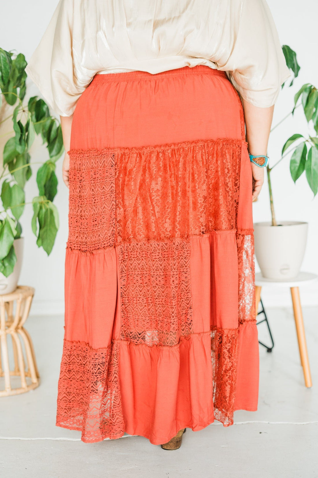 High Waisted Tiered Lace Maxi Skirt in Clay Red - Whiskey Skies - WHITE BIRCH