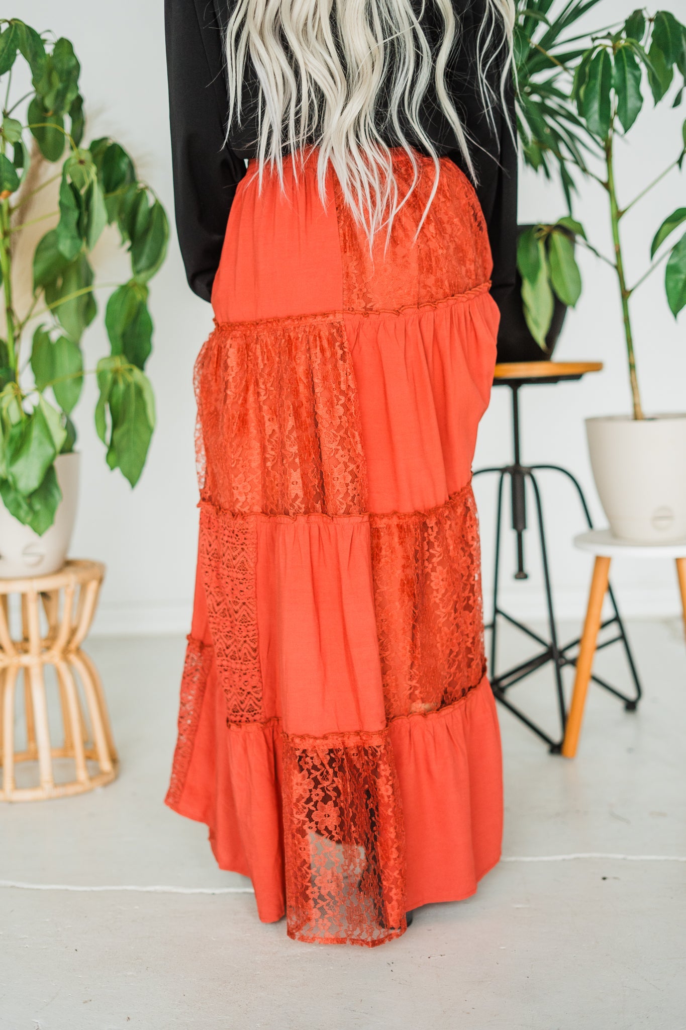 High Waisted Tiered Lace Maxi Skirt in Clay Red - Whiskey Skies - WHITE BIRCH