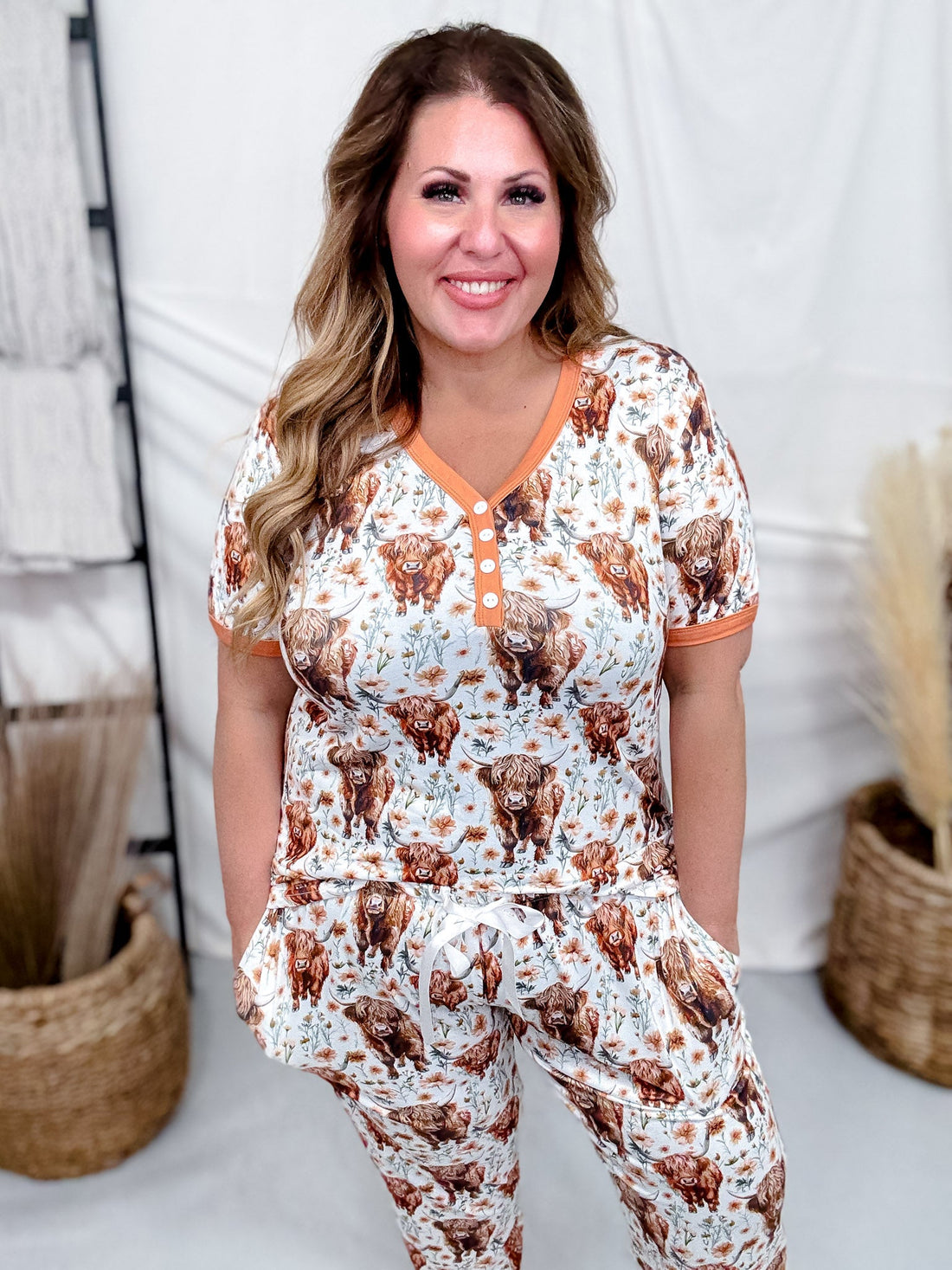 Highland Cow & Rustic Floral Print Pajama Set - Whiskey Skies - SHIRLEY & STONE