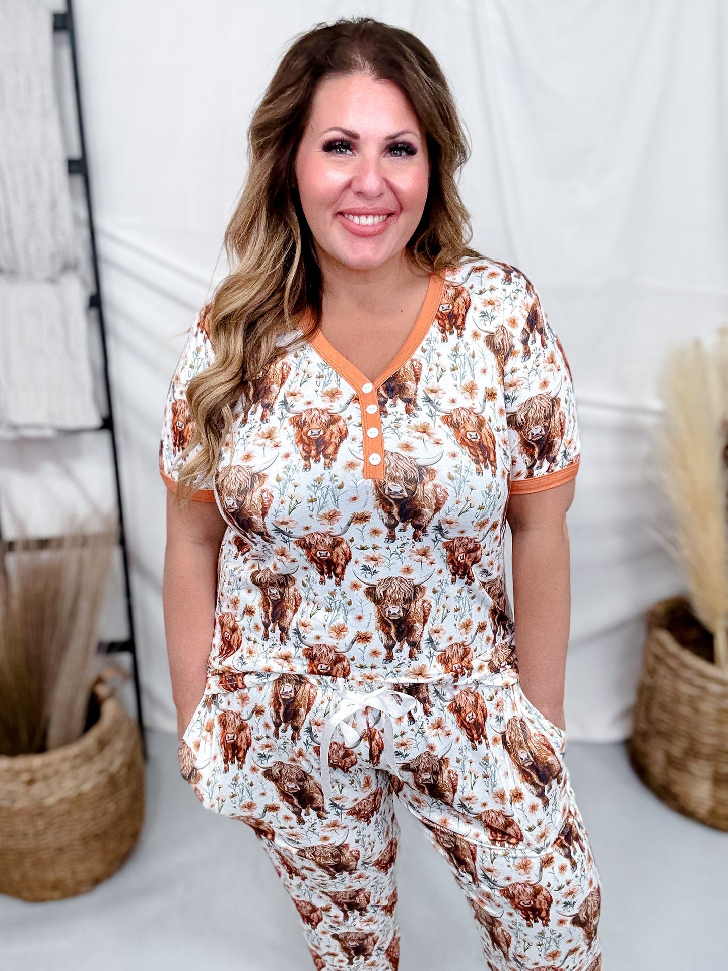 Highland Cow & Rustic Floral Print Pajama Set - Whiskey Skies - SHIRLEY & STONE