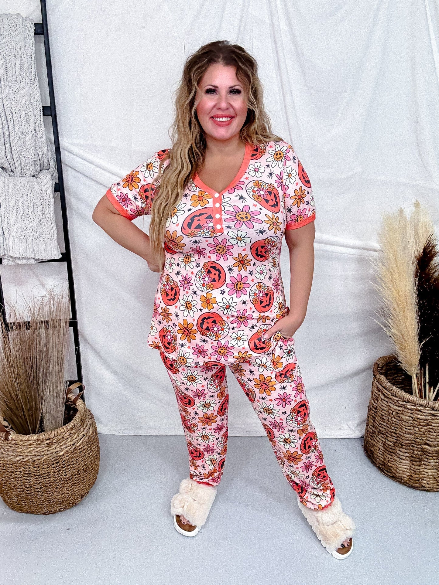Hippie Pumpkin Pajama Set With Short Sleeve Top & Joggers - Whiskey Skies - SHIRLEY & STONE