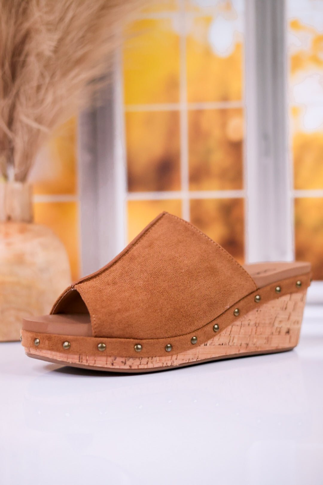 Hissy Fit Tobacco Faux Suede Open Toe Wedges - Whiskey Skies - CORKYS FOOTWEAR