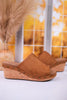 Hissy Fit Tobacco Faux Suede Open Toe Wedges - Whiskey Skies - CORKYS FOOTWEAR