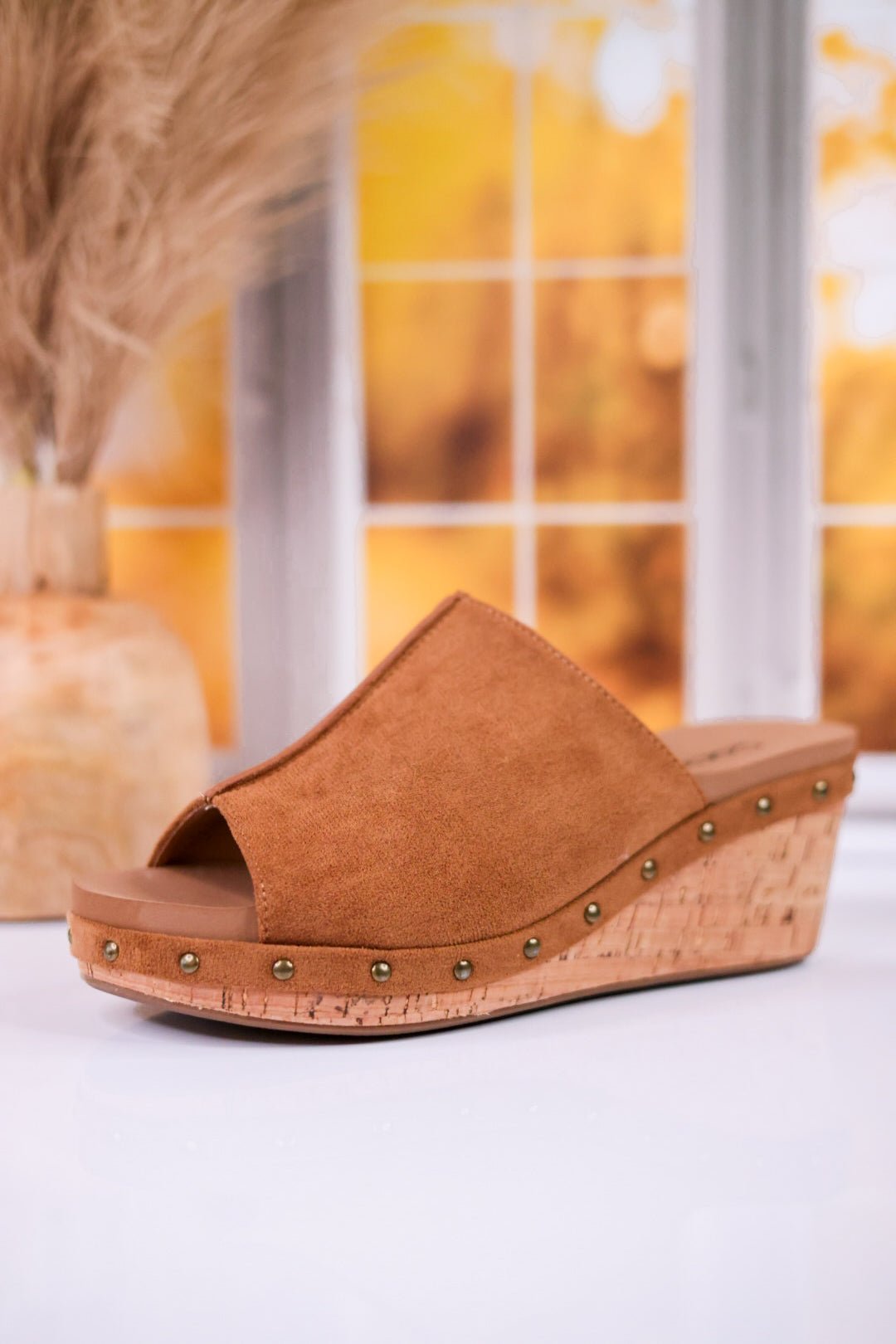 Hissy Fit Tobacco Faux Suede Open Toe Wedges - Whiskey Skies - CORKYS FOOTWEAR