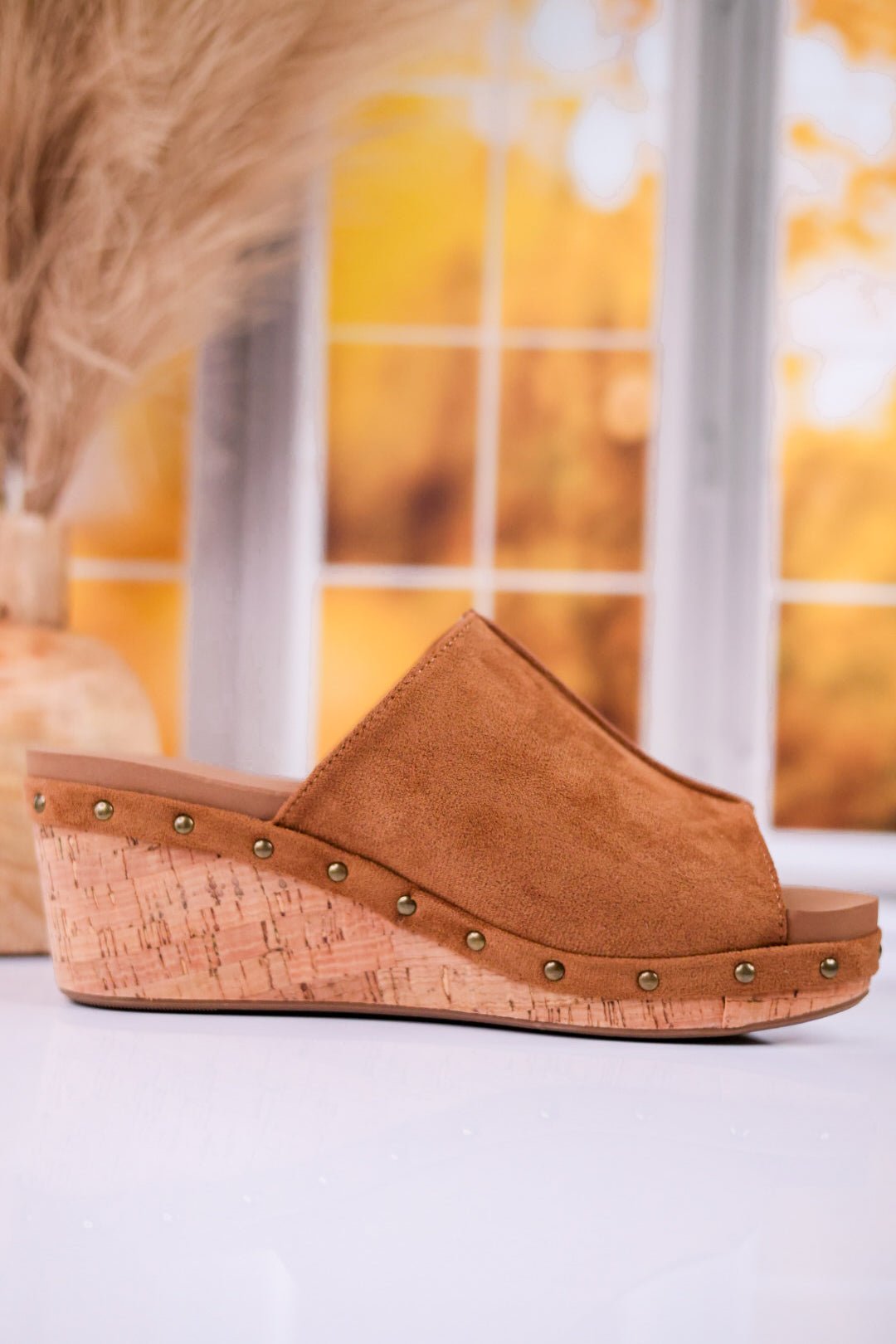 Hissy Fit Tobacco Faux Suede Open Toe Wedges - Whiskey Skies - CORKYS FOOTWEAR