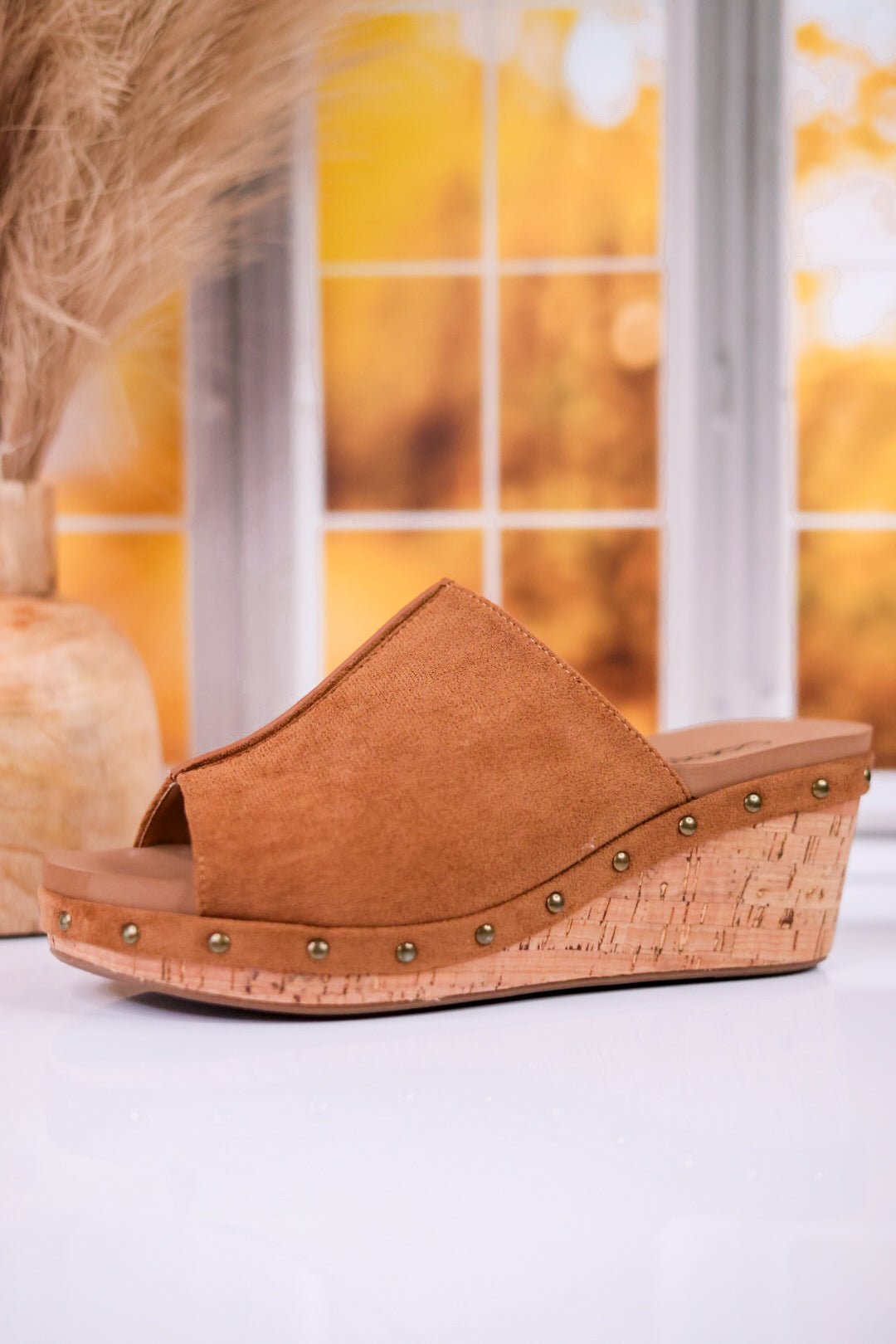 Hissy Fit Tobacco Faux Suede Open Toe Wedges - Whiskey Skies - CORKYS FOOTWEAR