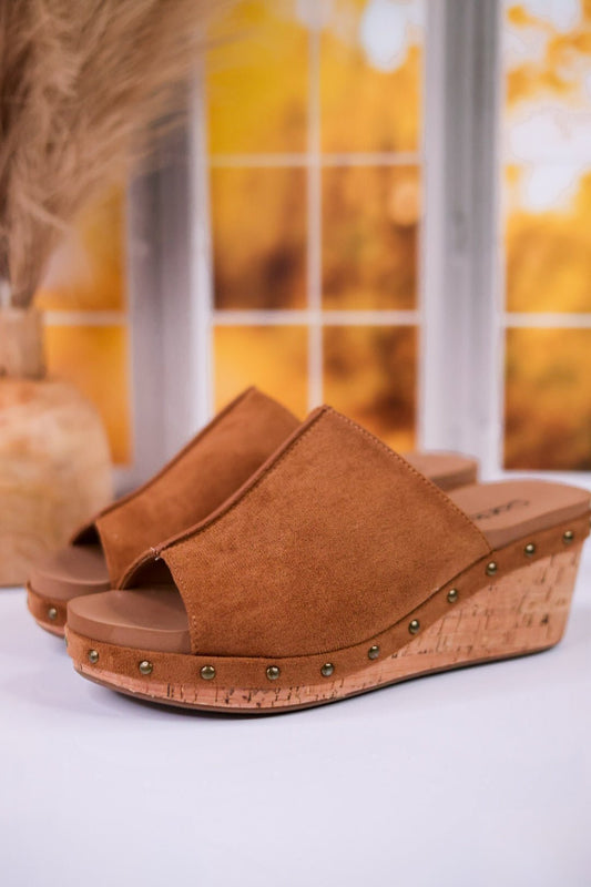 Hissy Fit Tobacco Faux Suede Open Toe Wedges - Whiskey Skies - CORKYS FOOTWEAR