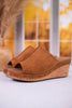 Hissy Fit Tobacco Faux Suede Open Toe Wedges - Whiskey Skies - CORKYS FOOTWEAR