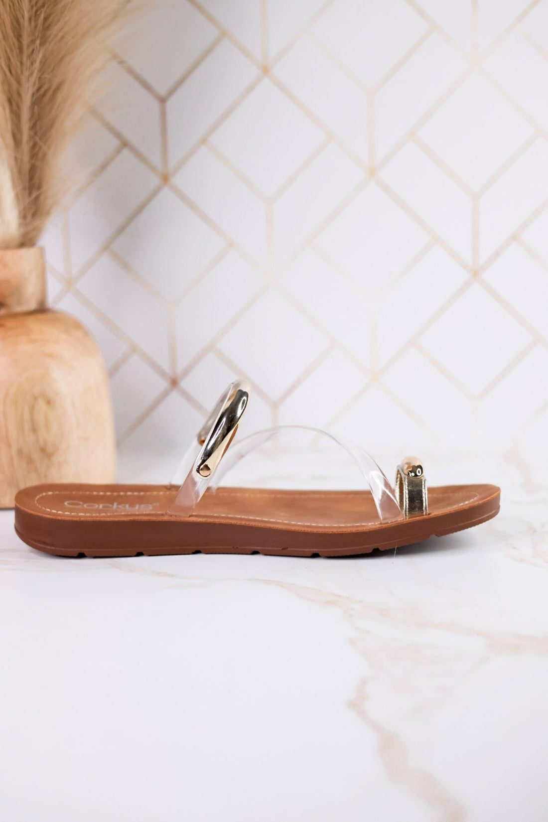 Hit The Strip Sandals With Clear Straps & Gold Accents - Whiskey Skies - CORKYS FOOTWEAR