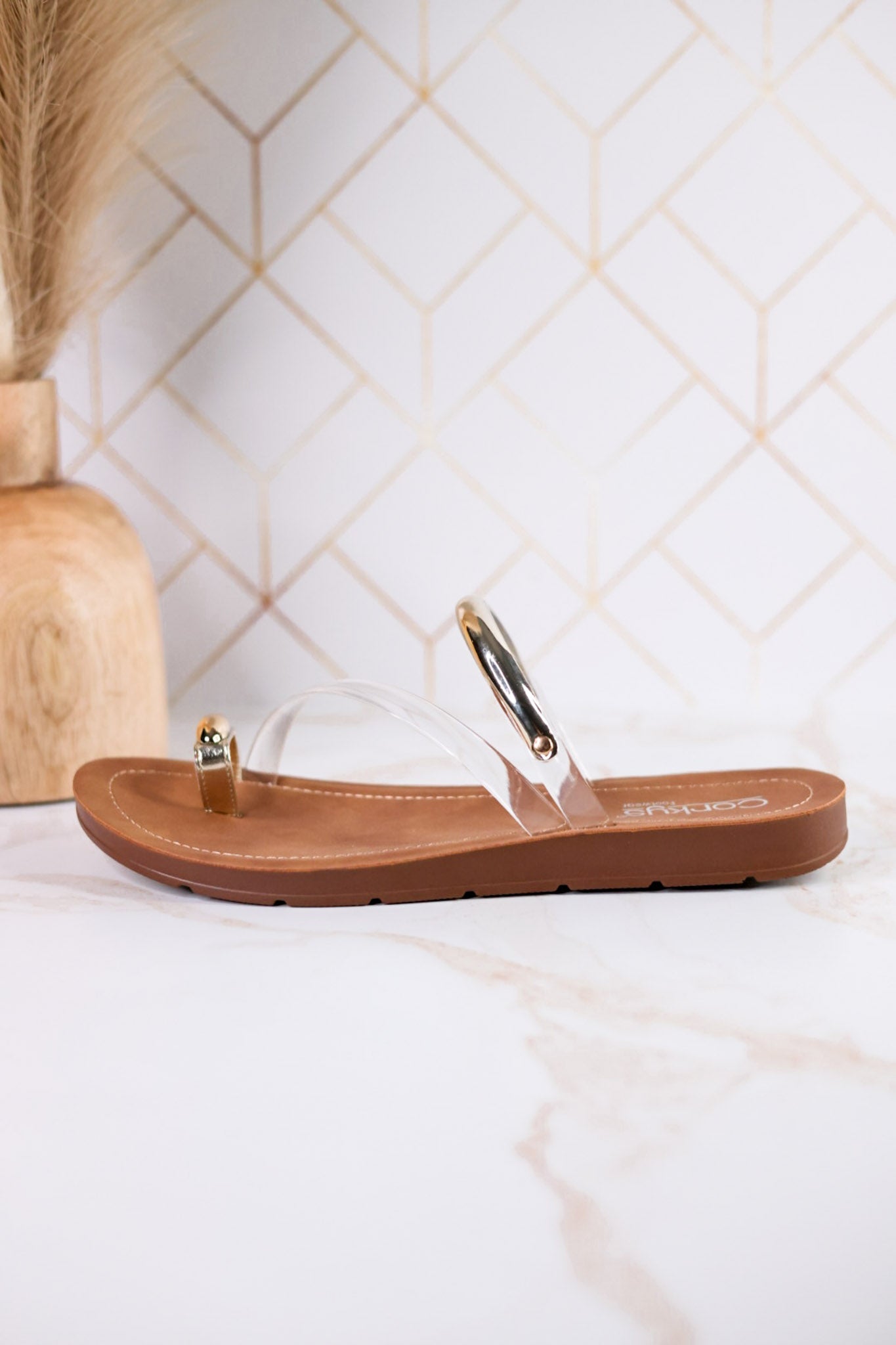 Hit The Strip Sandals With Clear Straps & Gold Accents - Whiskey Skies - CORKYS FOOTWEAR