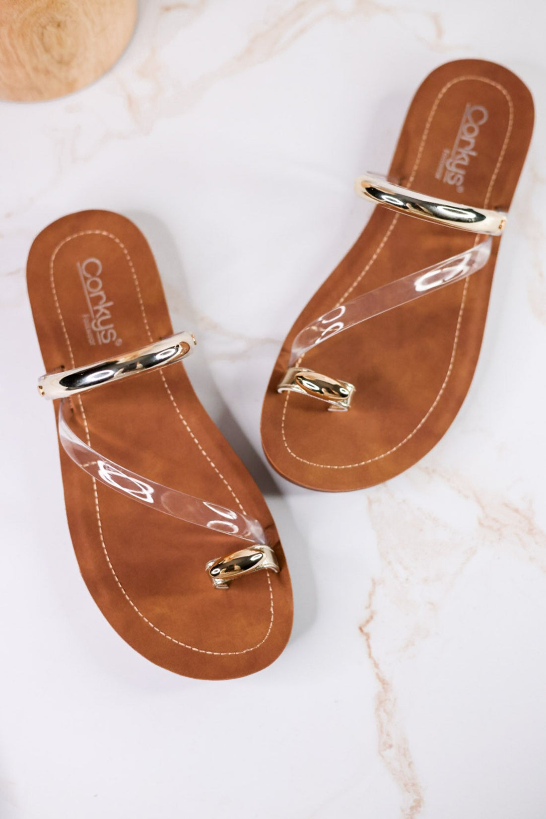 Hit The Strip Sandals With Clear Straps & Gold Accents - Whiskey Skies - CORKYS FOOTWEAR