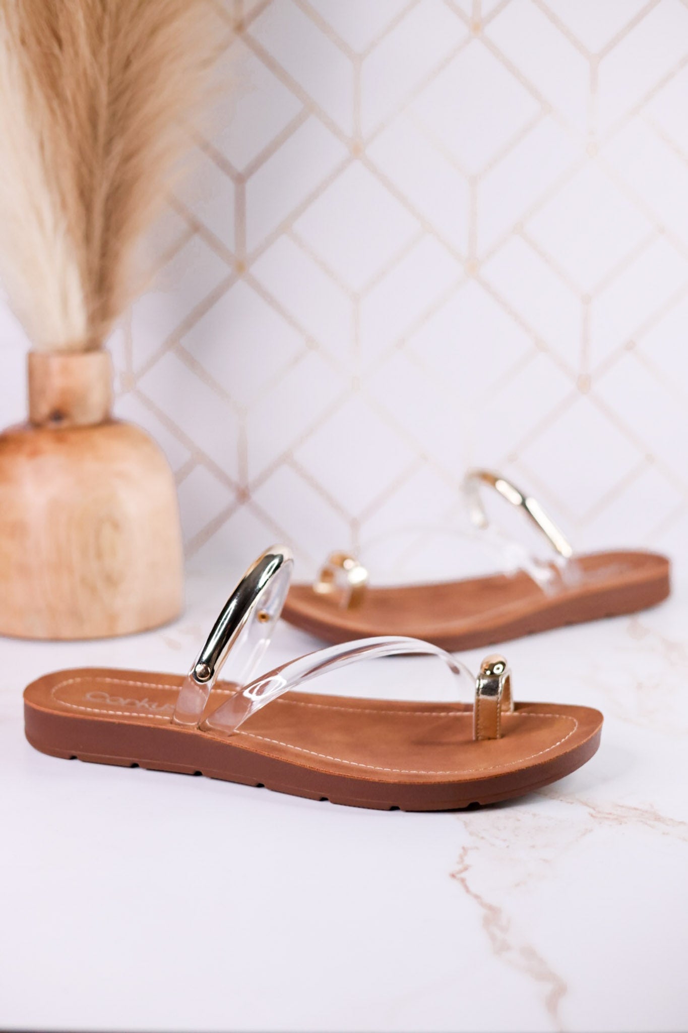 Hit The Strip Sandals With Clear Straps & Gold Accents - Whiskey Skies - CORKYS FOOTWEAR