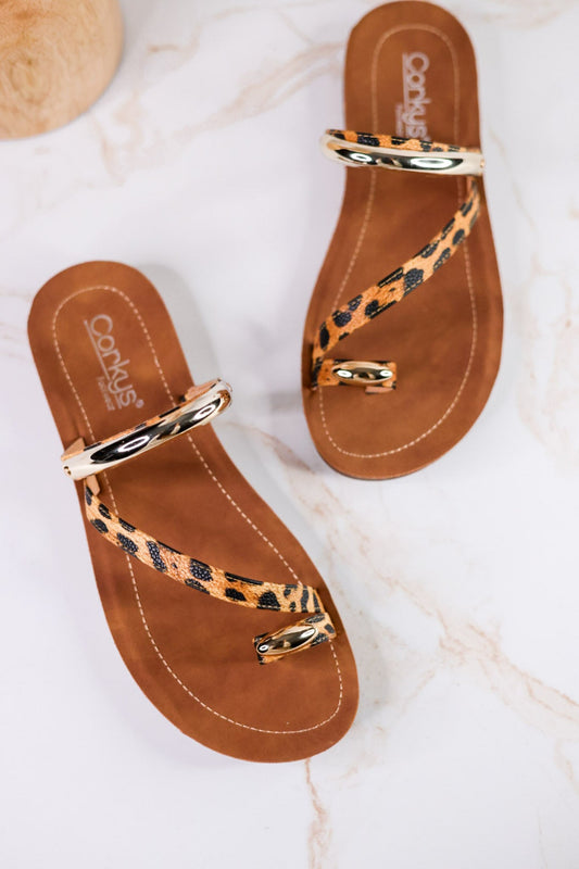 Hit The Strip Sandals With Leopard Straps & Gold Accents - Whiskey Skies - CORKYS FOOTWEAR