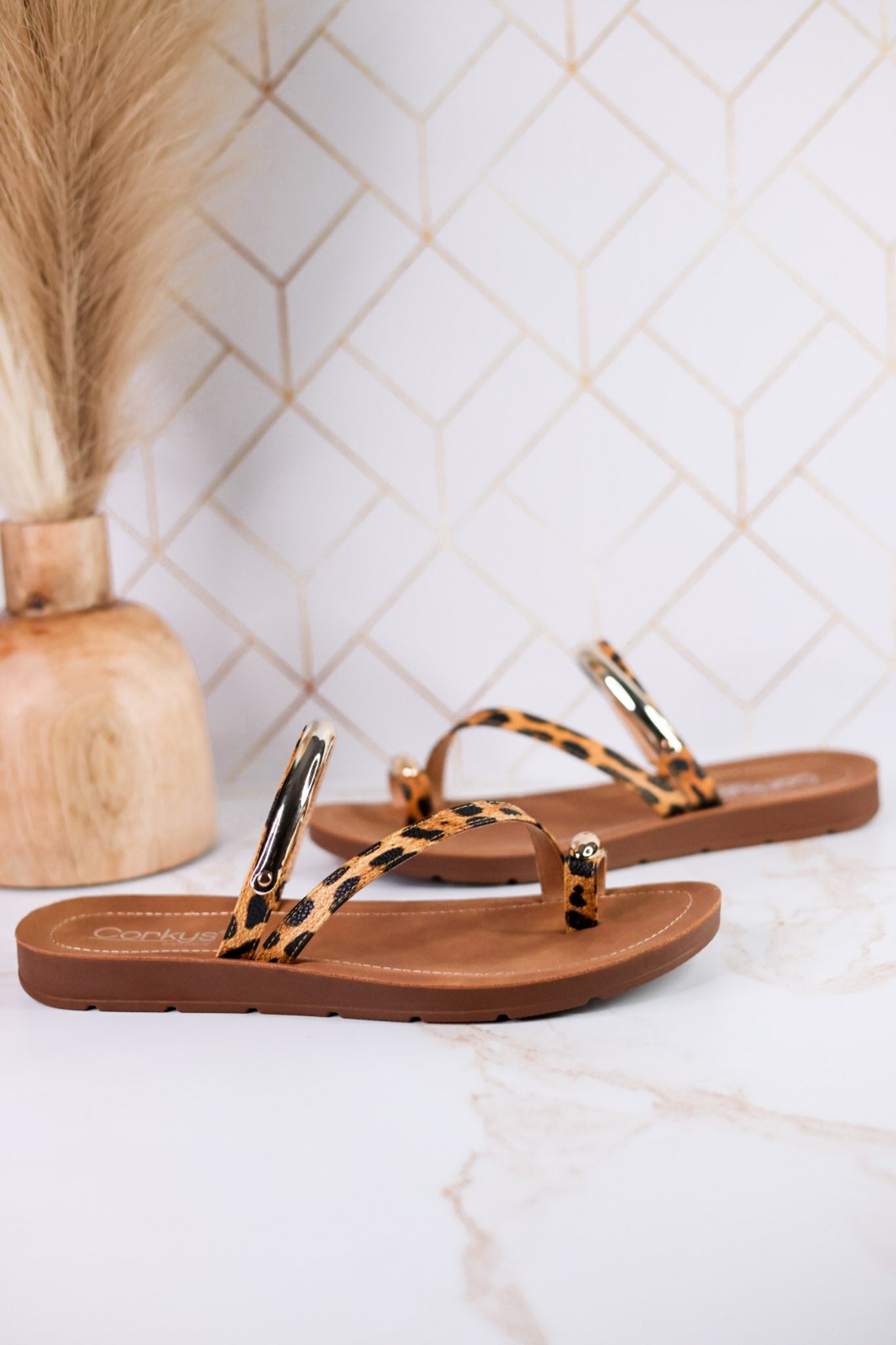 Hit The Strip Sandals With Leopard Straps & Gold Accents - Whiskey Skies - CORKYS FOOTWEAR